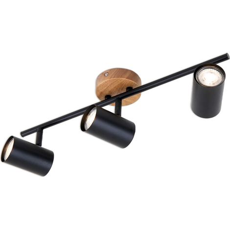 Luminaire à spots, spot plafonnier rétro, éclairage plafonnier vintage, spots pivotants et orientables, 3x GU10, métal et bois, noir, 473x90x143mm (LxlxH) (1/5)