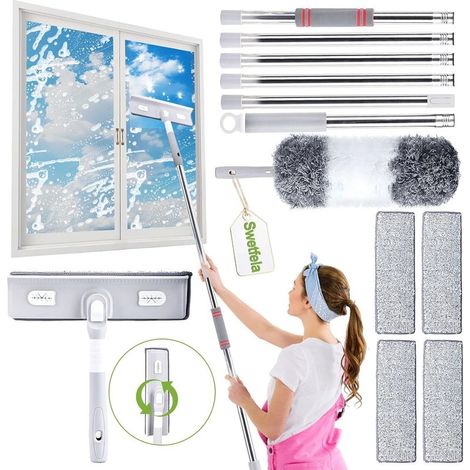 4 en 1 Raclette Vitre Professionnel Longueur Jusqu'à 275 cm, Nettoyage Vitre avec 4 Chiffons Microfibres, 1 Plumeau, Lave Vitre Telescopique, Raclette Vitre pour Vitres Hautes Intérieur et Extérieur (1/5)
