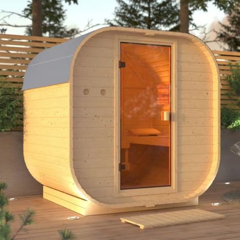 Sauna extérieur traditionnel 2-4 places – Bois massif 38mm – Dimensions 199x175 cm – Porte vitrée – Isolation optimale – Karibu
