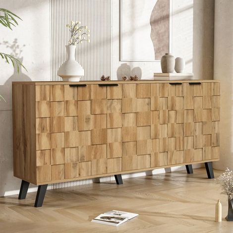 Küchenbuffet - 160,5 x 35,5 x 78 cm - 4 Türen - Verstellbare Regale - Texturiertes geometrisches Muster