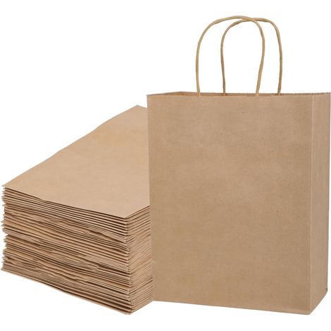 Set mit 50 braunen Papiertüten mit Henkel – Geschenktüten – Kraftpapier mit Kordelzug – 21 x 11 x 27 cm – Kraftpapiertüte für Geburtstage, Hochzeiten, Weihnachten und Partys