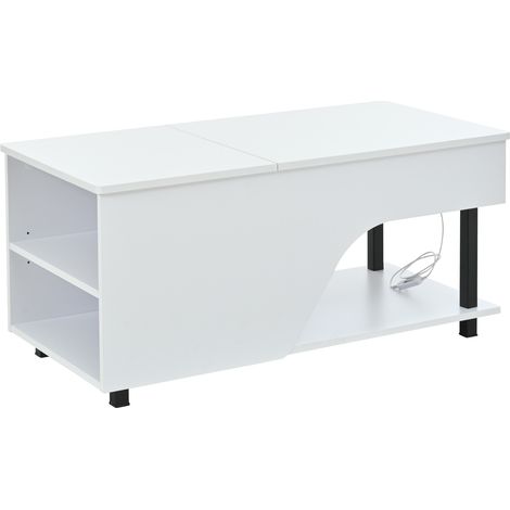 Table basse de salon blanche réglable en hauteur avec rangement caché, plateau brillant et étagères latérales ajustables (1/5)
