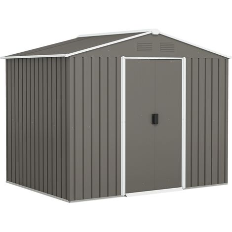 Outsunny caseta de jardín exterior 3,6 m² 236x174x190 cm con 2 puertas correderas techo inclinado y 4 ventanas para terraza patio gris oscuro (1/5)