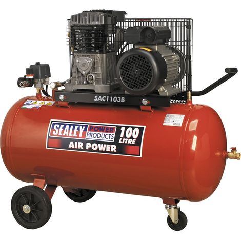 Sealey Air Compressor 100L Belt Drive 3hp with Cast Cylinders & Wheels SAC1103B
