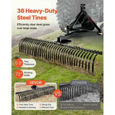 Scarificateur Tracté 183 cm Râteau Scarificateur à Remorquer pour Tracteurs Attelage 3 Points Catégorie 1, Jardin, Ferme, Entretien… (1/5)