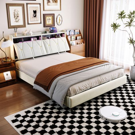 CJHXE Cama doble tapizada de 160 x 200 cm con espacio de almacenamiento, cabecero con iluminación LED y puertos USB y Type-C, somier de láminas acolchado, cama con espacio de almacenamiento, cama func