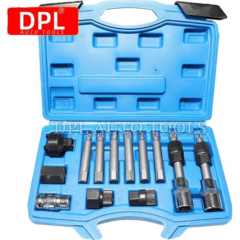 Juego de herramientas para poleas de alternador, 13 piezas, acero cromo-vanadio, longitud de broca de 75 mm, compatible con poleas OAD y OWC, incluye brocas M10 Spline y T50 Tx-Star. (1/5)