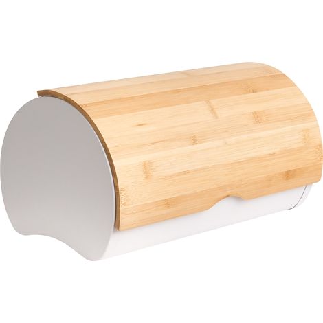 Panera de metal con tapa de bambú decorativa 38 x 24 x 20 cm blanco y marrón claro Saveur