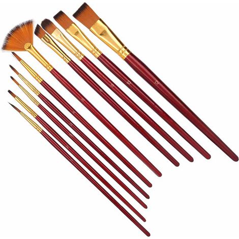 Un ensemble de 10 pinceaux en nylon de styles différents, en bois, adaptés à la peinture à l'huile et à la gouache, de couleur bordeaux. (1/5)