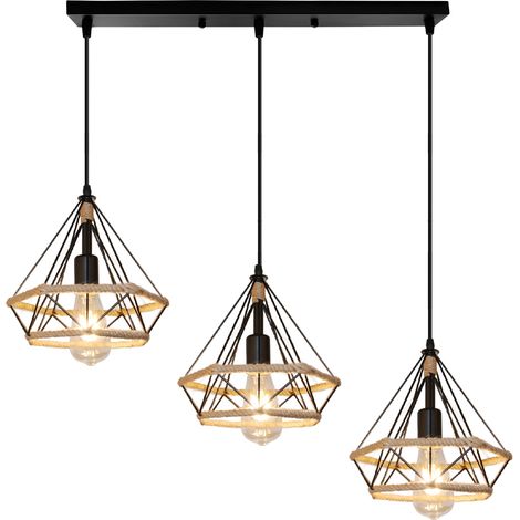 Wottes – Lustre vintage en corde de chanvre – 3 lampes E27 – Abat-jour noir 25cm – Hauteur réglable 100cm pour salon et couloir