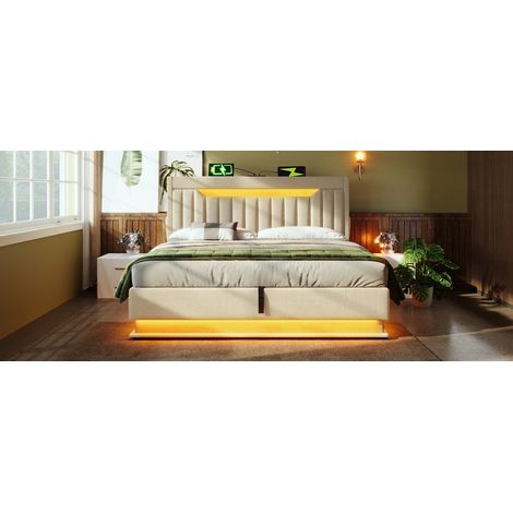 Lit rembourré 160x200 cm avec sommier à lattes inclus et matelas inclus, coffre hydraulique, tête de lit rangement USB Type-C, LED tête et pied de lit, lin beige (1/5)