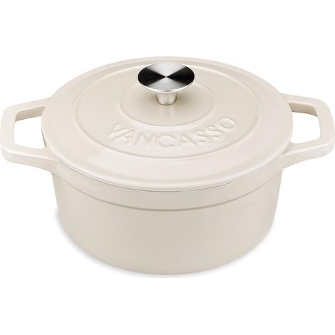 Round Enamelled Cast Iron Casserole Dish 2L, 20 cm x 9.5 cm, 3.4 kg, Stock Pot with Lid for All Hobs Including Induction Beige (1/5)