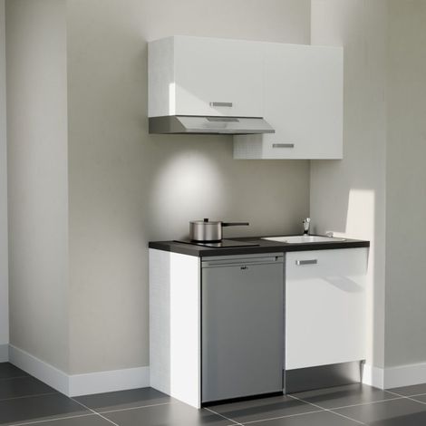 Kitchenette K01L-PT - 120 cm - plan stratifié, évier inox, - Façade Blanc - Plan Noir texturé - Evier Inox - Crédences Non + Electroménager inclus coloris Inox
