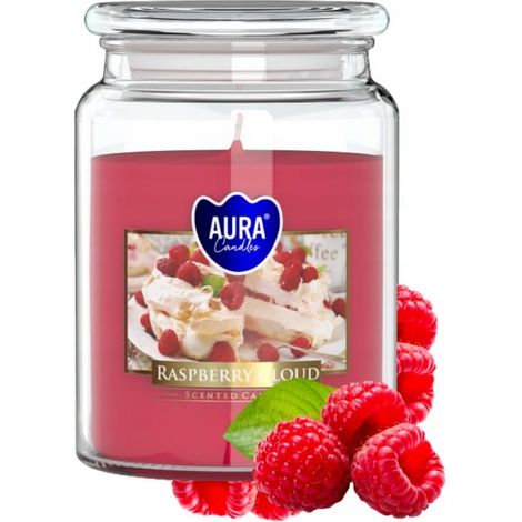 Vela aromática Raspberry Cloud en tarro de 14x9,8 cm, con hasta 100 horas de duración.