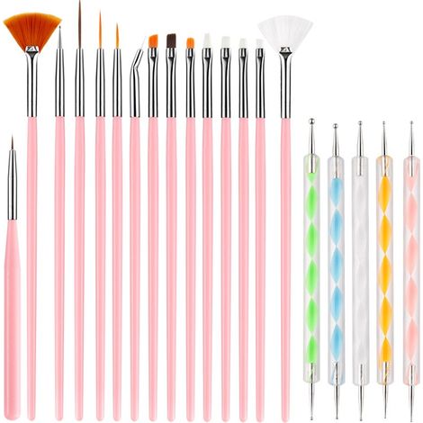 Pinceau Nail Art - Ensemble de 20 Pinceaux pour Gel et Vernis à Ongles - Techniques de Lignes Points et Détails - Poils Synthétiques Antimicrobiens - Manche en Plastique Renforcé et Acier Inoxydable