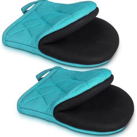 1 paire de gants de cuisine courts résistants à la chaleur en coton et surface antidérapante et gants de cuisine pour la cuisson, le barbecue, le micro-ondes, bleu (1/5)