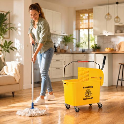 Chariot de nettoyage professionnel 20L avec seau à serpillière, balai lave-sol équipé d’essoreuse, panneau de séparation, poignée et 4 roues en plastique, 60x27x70.5 cm, jaune (1/5)