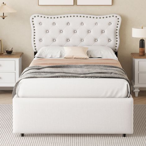 Letto imbottito moderno 90x200 cm in MDF e lino beige chiaro, testiera regolabile con borchie decorative e 2 cassetti (1/5)