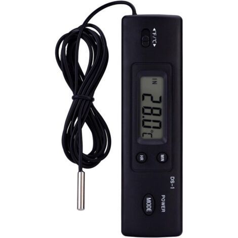 Termómetro digital LCD con sensor de temperatura y humedad, sonda con cable para refrigerador, acuario y aire acondicionado (negro). (1/4)
