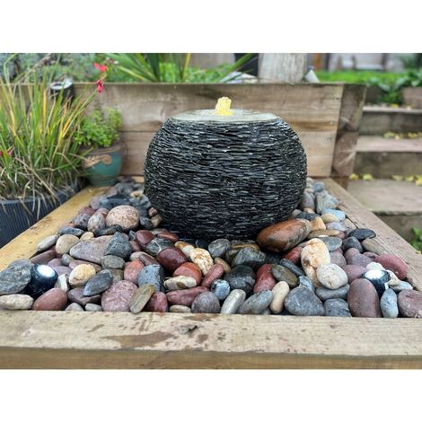 Natural Slate Surface Arius Garden Fountain - Contemporary Outdoor Water Feature - 50cm Dia