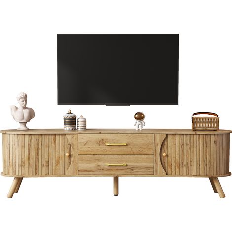 Meuble TV pois rainures verticales 2 portes coulissantes 2 tiroirs MDF pieds bois scandinave (1/5)