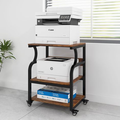 3-Tier Movable Printer Stand with  Adjustable Shelf, Retro Rolling Storage Cart for Office/Study/Home Office (1/5)