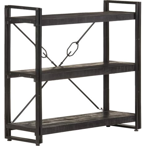 Bibliothèque à 3 niveaux Étagère de Rangement - pour Bureau Salon Chambre Cuisine Noir 90x30x80 cm Bois de manguier BV261428 - BonneVie (1/5)