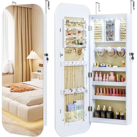 COSTWAY Specchio Portagioie da Parete, con 6 Luci LED, Armadietto per Gioielli a Muro, Ganci e Scomparto, Portagioie Donna Salvaspazio con Serratura per Camera da Letto (1/5)