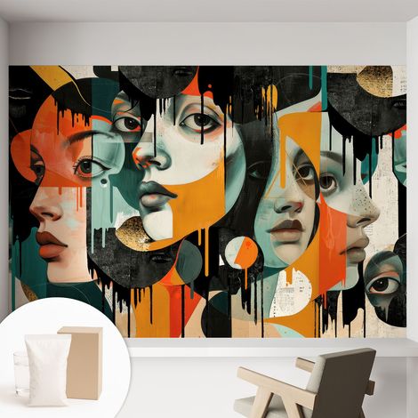Papier peint intissé avec imprimé installation simple qualité excellente sans désordre - Colle incluse gratuite Visages colorés 152x104 cm (1/5)