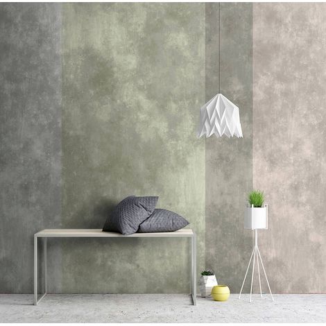 Papier peint panoramique salon à motifs tâches et uni | Tapisserie panoramique design salle de bain | Papier peint panoramique gris, vert et brun - 270 x 500 cm (5 pièces) (1/5)