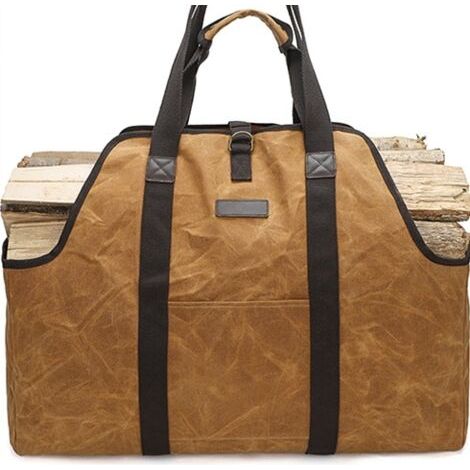 Firewood bag, firewood basket, firewood carrier bag, firewood holder, waxed canvas, waterproof, extra large, for firewood, brown--DTEKGAZ