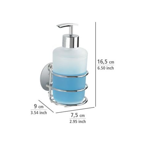 Wenko – Distributeur de savon mural Turbo-Loc chrome blanc 285 ml – Fixation sans perçage – Porte-brosse à dents et porte-gobelet inclus (1/4)