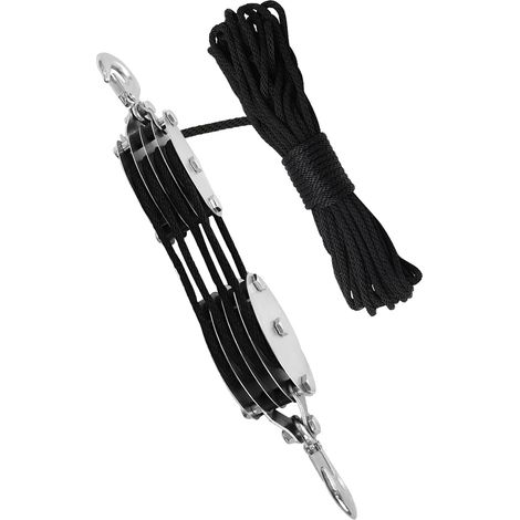 Palan à poulies 4 roues Acier Noir 300kg Cordage 20m (1/4)