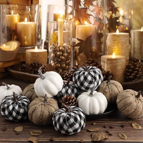 12er Set Deko-Kürbisse kariert & weiß, Schaumstoff, 7cm, Herbstdeko (1/5)
