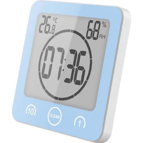 Horloge Murale Salle De Bain - Affichage LCD Numérique Étanche Éclaboussures - Minuterie Compte à Rebours 99 Min - Thermomètre Hygromètre - 1 Pièce