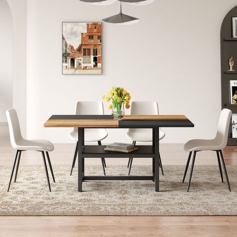 Table rectangulaire 160cm avec rangement et 4 chaises PU blanches à coussins élargis,style minimaliste pour espace repas. (1/5)