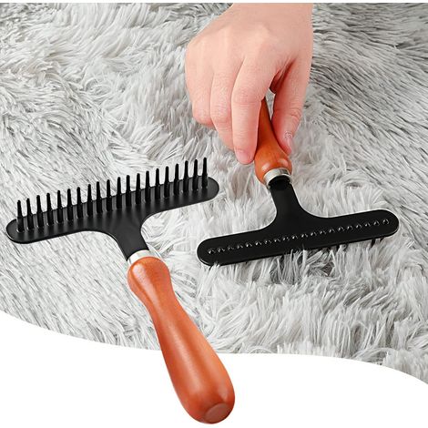 Peigne manuel pour tapis (poils longs) – Peigne démêlant pour poils d'animaux (chiens/chats) – Manche en bois (1/5)