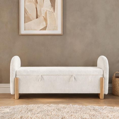 Banc de rangement rembourré en tissu bouclé blanc avec coffre (1/5)