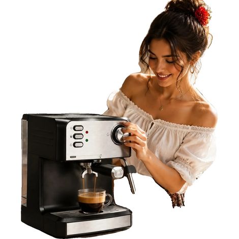 Cafetera espresso, bomba de presión de 20 bares, espumador de leche, color negro. (1/2)