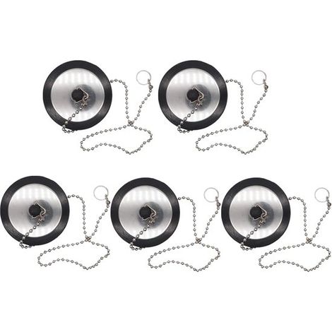 5 tapones universales para bañera con cadena, Tapón goma universal, Tapón desagüe goma, Tapones desagüe goma genéricos, cadena acero inoxidable (1/5)