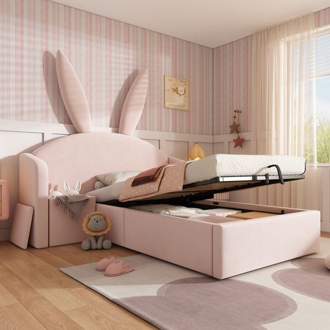Lit enfant rembourré 90x190 cm  tête de lit oreilles de lapin  Lit coffre avec rangement  et table de chevet  Velours Rose