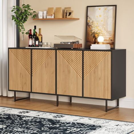 Credenza da soggiorno 160x40x75 cm con 4 ante scanalate, legno naturale e finitura nera, stile moderno per il soggiorno (1/5)