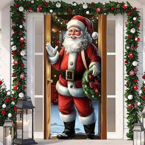 Décorations de Noël avec cloches, nœuds, flocons de neige, Père Noël, banderole « Joyeux Noël » - 90 x 180 cm (perforée + ruban) - 28