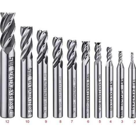 Jeu de 10 fraises à 4 cannelures - Forets à queue droite HSS 2-12 mm - Forets CNC (SKU produit : 96104370 SKU Offre : LEHUA25.5.16-31)