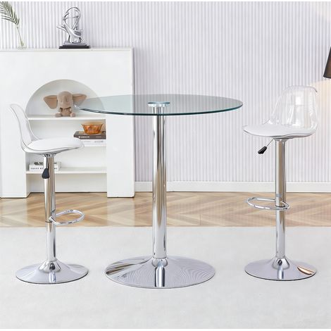 REDOM - Ensemble bar table ronde en verre, 2 tabourets, hauteur réglable, verre, acrylique, transparent métal argenté (1/5)