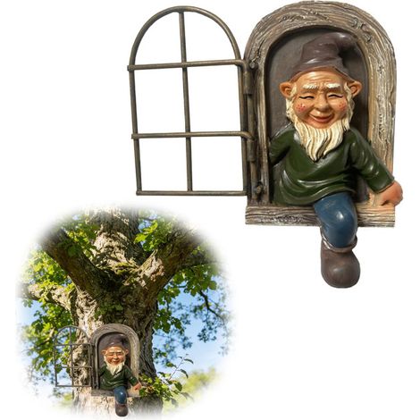 Statue de Gnome de Jardin Décoration d'Arbre Extérieur Figurine de Nain Coquin avec Fenêtre Ouverte Ornement Suspendu Intérieur et Extérieur en Résine pour Cour Pelouse Balcon Maison