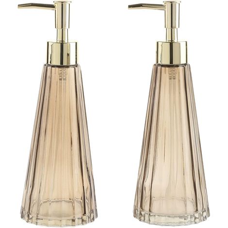 Ensemble de 2 distributeurs rétro de savon et de lotion pour le corps, avec pompes à liquide en verre fumé et laiton, présentant des rainures verticales.