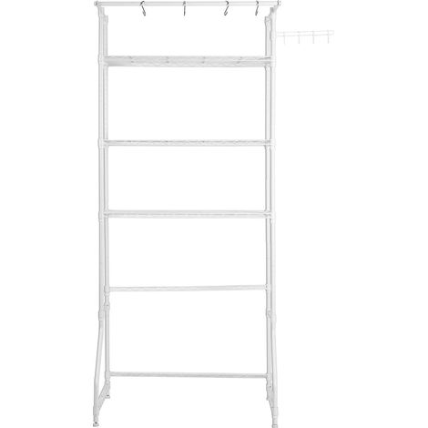 Étagère de rangement 3 niveaux pour machine à laver et sèche-linge, avec barre de suspension et crochets, ajustable, blanc, pour buanderie. (1/5)
