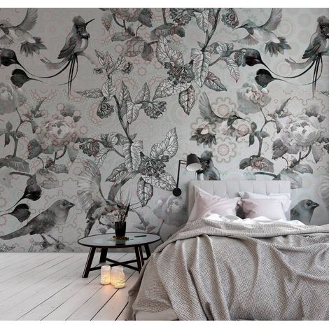 Papier peint panoramique floral noir et blanc | Tapisserie panoramique oiseau pour salon | Papier peint panoramique à motif mandala - 270 x 400 cm (4 pièces) (1/4)