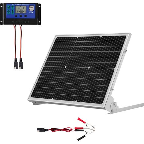 Mophorn Chargeur solaire 50 W 12 V avec cellules monocristallines, contrôleur MPPT externe, support ajustable, étanchéité IP65, idéal pour voitures, bateaux, camping-cars et remorques (1/2)
